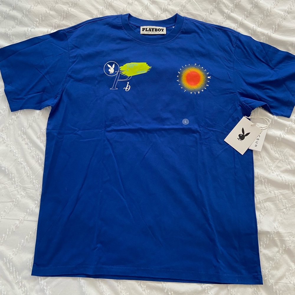 PLAYBOY Blue Short Sleeve Tee with Playful Graphic